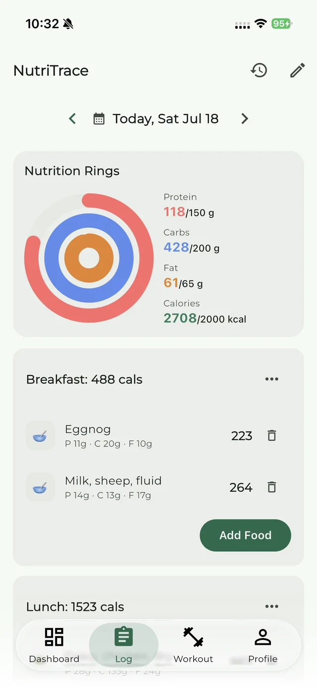 NutriTrace meal log screen