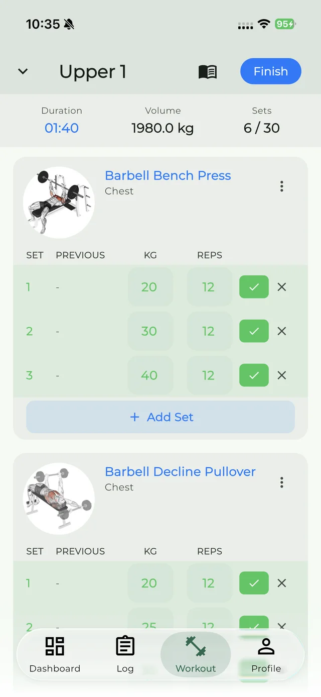 NutriTrace workout logging screen